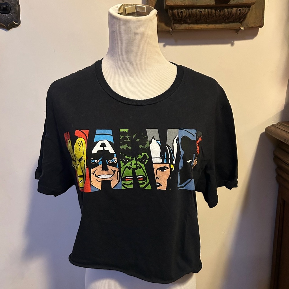 Marvel Black Cropped Tee with Colorful Hero Graphics